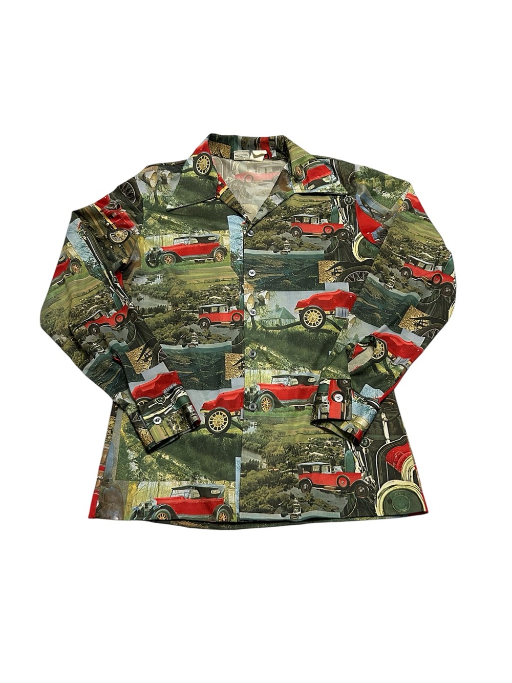Vintage 70s Men’s Medium Ford Model Car AOP Disco Button Shirt